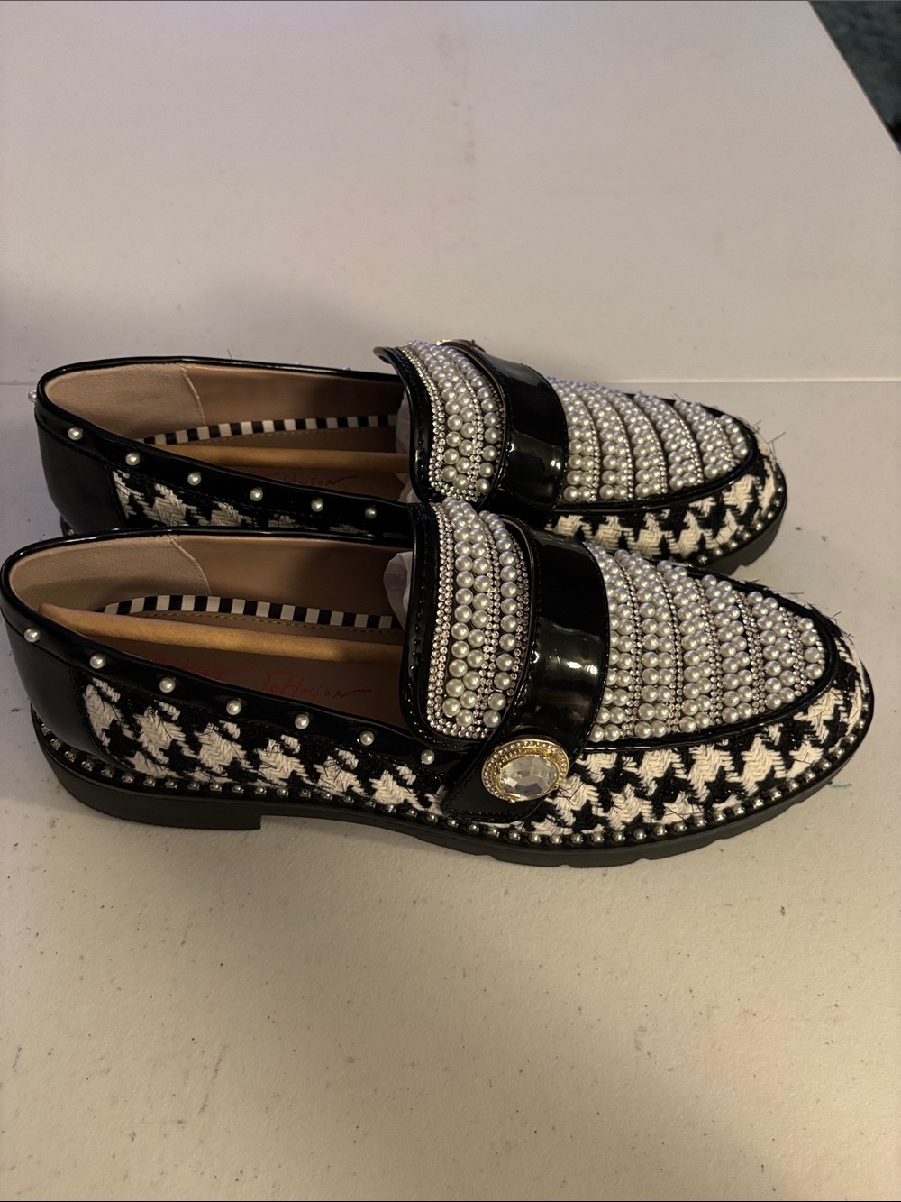 Betsey Johnson Black & White Pearl-Embellished Women's Loafers